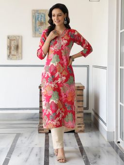 FASHOR - Floral Printed Embroidered Kurta - Pink and Multi