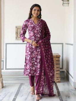 FASHOR - Floral Printed Angarkha Kurta with Pants and Dupatta (Set of 3)