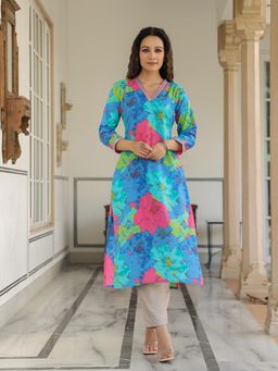 FASHOR - Women Blue Floral Printed Straight Fit Cotton Kurta