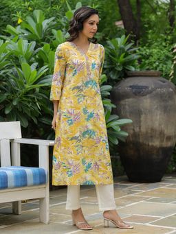 FASHOR - Yellow Floral Embroidered Printed Kurta