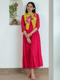 FASHOR - Solid Maxi Dress with Floral Printed Short Jacket (Set of 2)