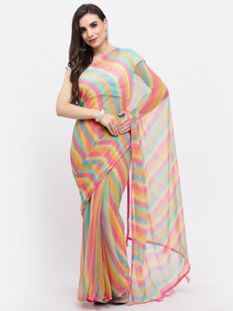 KISHORI - Women Lehariya Chiffon Saree & Blouse Multicolor with Unstitched