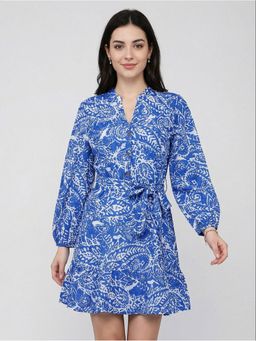 R&B - Blue Printed Long Sleeves Women Dress