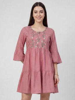 R&B - Pink Embroidered Round Neck Three-Quarter Sleeves Fit and Flare Women Mini Dress