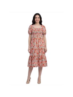 R&B - Orange Floral Printed Short Sleeves Square Neck Midi Women Dress