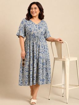 THE PINK MOON - Blue Floral Print Midi Dress