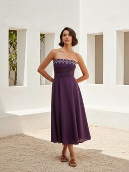 PURVAJA - Wine Women Fit and Flared Midi Length Sleeveless Solid Dress