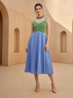 PURVAJA - Blue Women Fit and Flare Midi Length Sleeveless Dress