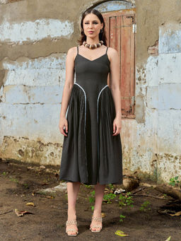 PURVAJA - Black Women Flared Midi Sleeveless Solid Dress
