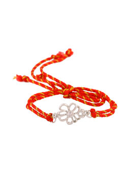 Estele - Rhodium Plated Jali Work Floral Rakhi with Crystals and Fancy Silk Thread