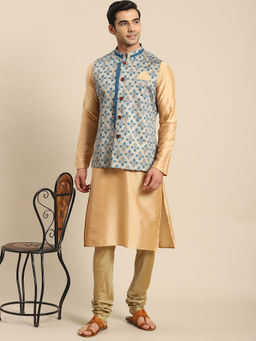 KISAH - Cotton Blend Gold Kurta Churidar and Blue Nehru Jacket (Set of 3)