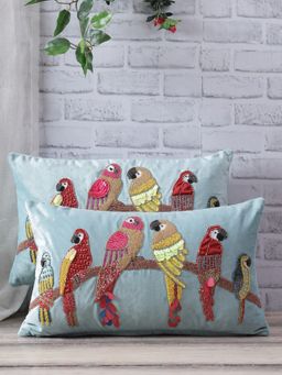 Eyda - Velvet Aqua Color Beaded Sequin Cushion Cover Set Of 2-12X20 Inch