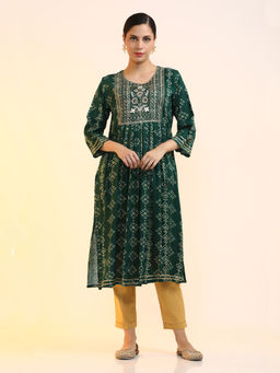 Jaipur Kurti - Women Green Printed Embroidered A-Line Kurta