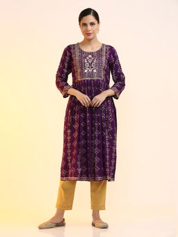 Jaipur Kurti - Women Purple Printed Embroidered A-Line Kurta