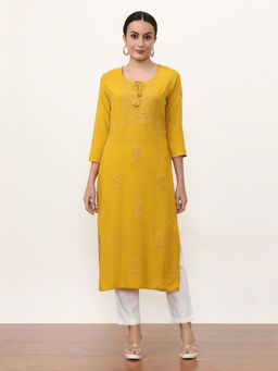 Jaipur Kurti - Women Yellow Embroidered Sequined Straight Kurta