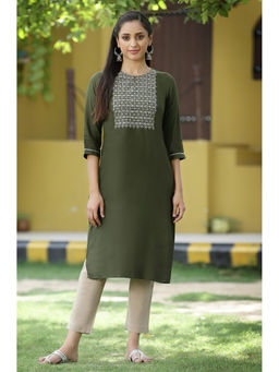 Juniper - Green Solid Embroidered Rayon Kurta