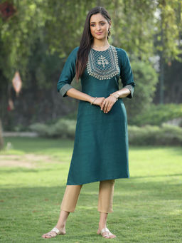 Juniper - Green Solid Embroidered Silk Kurta