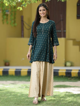 Juniper - Green Ethnic Motif Printed Gota Work Rayon Kurti
