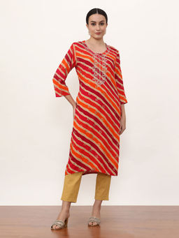 Jaipur Kurti - Women Orange Embroidered Leheriya Straight Kurta