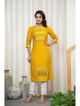 Juniper - Mustard Ethnic Motif Printed Thread Work Rayon Kurta