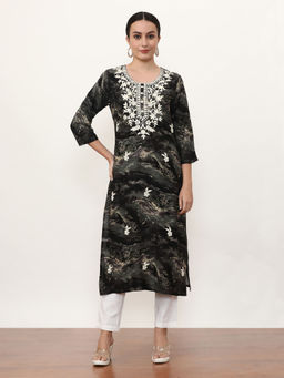 Jaipur Kurti - Women Black Embroidered Thread Work Straight Kurta