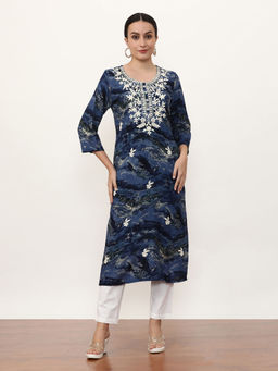 Jaipur Kurti - Women Navy Blue Embroidered Thread Work Straight Kurta