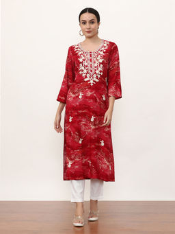 Jaipur Kurti - Women Red Embroidered Thread Work Straight Kurta