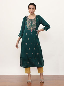 Jaipur Kurti - Women Green Pure Silk Embroidered Kurta