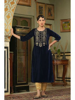 Juniper - Navy Blue Velvet Embroidered Zari Work Kurta