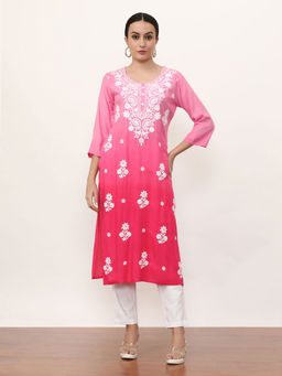 Jaipur Kurti - Women Pink Embroidered Chikankari Straight Kurta