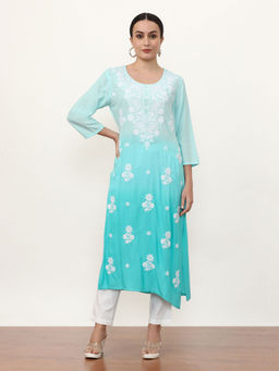 Jaipur Kurti - Women Sky Blue Embroidered Chikankari Straight Kurta