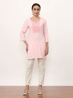Jaipur Kurti - Women Pink Embroidered Thread Work Straight Kurti