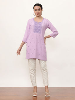 Jaipur Kurti - Women Lavender Embroidered Thread Work Straight Kurti