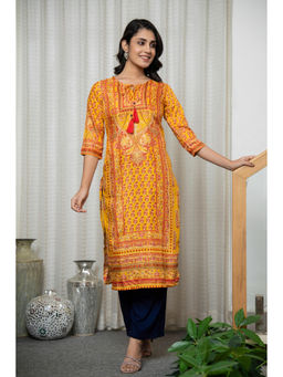 Juniper - Mustard Ethnic Motif Floral Printed Shantoon Kurta
