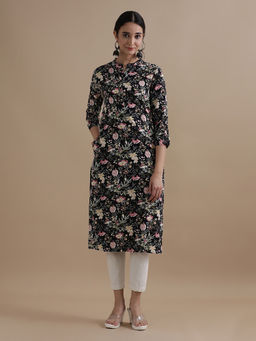 Jaipur Kurti - Women Black Floral Printed Straight Kurta