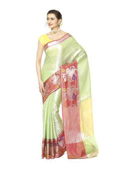 Banarasi Silk Works - Green Zari Kanchi Silk Tanchoi Meena Saree with Unstitched Blouse