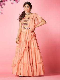 Odette - Peach Chiffon Solid Semi Stitched Lehenga Choli (Set of 4)