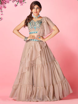 Odette - Beige Chiffon Solid Semi Stitched Lehenga Choli (Set of 4)