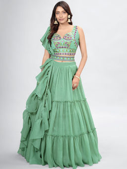 Odette - Sea Green Chiffon Semi Stitched Lehenga Choli (Set of 4)