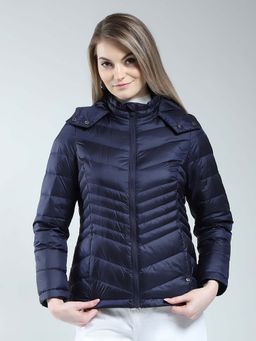 Monte Carlo - Navy Blue Textured Solid Detachable Hood Jacket