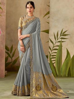Odette - Grey Silk Designer Saree with Unstitched Blouse