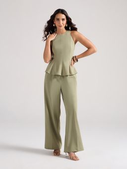 Twenty Dresses by Nykaa Fashion - Green Sleeveless Peplum Top and High Waist Pants Co Ord