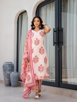 Divena - Pink Floral Printed Cotton Straight Fit Kurta with Pant and dupatta (Set of 3)