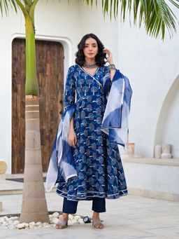 Divena - Blue Printed Cotton Angarkha Kurta with Pant and Dupatta (Set of 3)