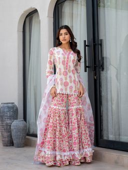 Divena - White Floral Print Cotton Straight fit Kurta and Sharara and dupatta (Set of 3)