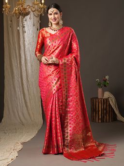 Akhilam - Womens Silk Blend Pink Woven Design Designer Saree with Unstitched Blouse