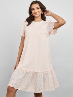 Styli - Pink Short Sleeves Schiffli Insert Knee Length Dress