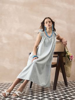 InWeave - Grey Linen Round Pleat Bow Dress