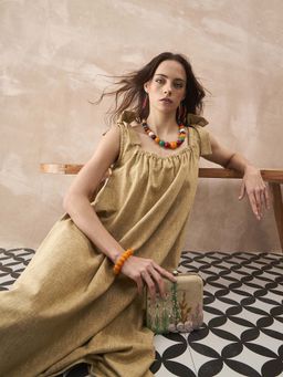 InWeave - Dull Khaki Linen Round Pleat Bow Dress