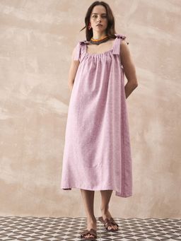 InWeave - Dull Pink Linen Round Pleat Bow Dress